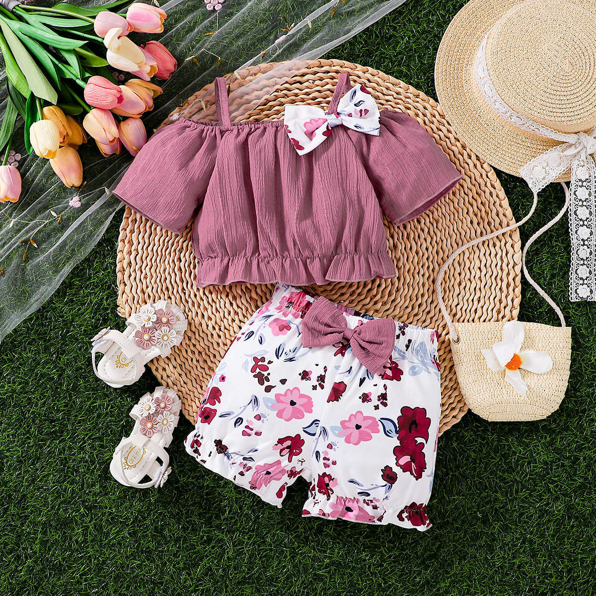 2 Pieces Set Baby Kid Girls Solid Color Bow Tank Tops And Flower Shorts Wholesale 25070852