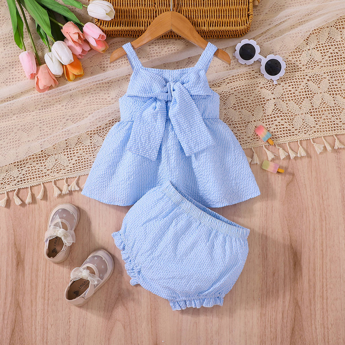 2 Pieces Set Baby Girls Solid Color Bow Tank Tops And Shorts Wholesale 25070861