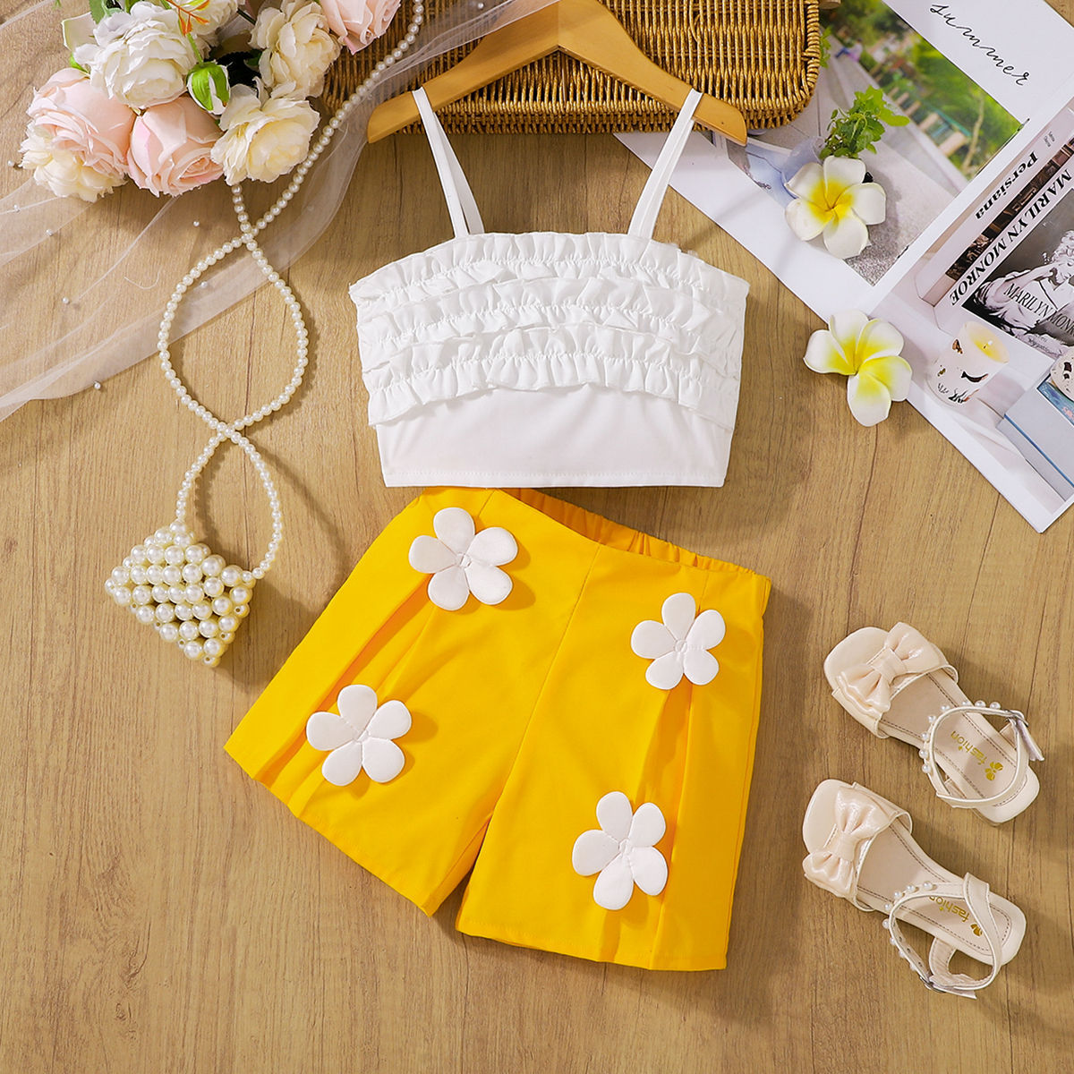 2 Pieces Set Kid Girls Solid Color Tank Tops And Flower Shorts Wholesale 25070864