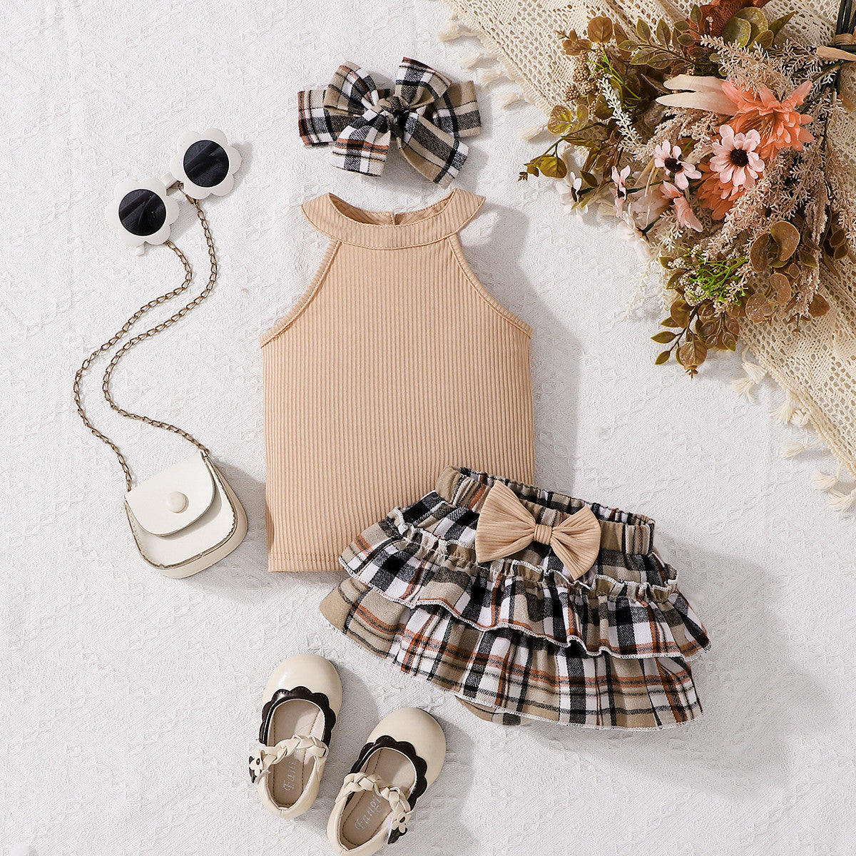 2 Pieces Set Baby Kid Girls Solid Color Tank Tops Checked And Bow Skirts Wholesale 25070867