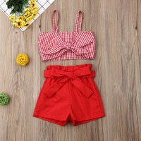 Load image into Gallery viewer, 2 Pieces Set Baby Kid Girls Checked Tank Tops And Solid Color Shorts Wholesale 25070895
