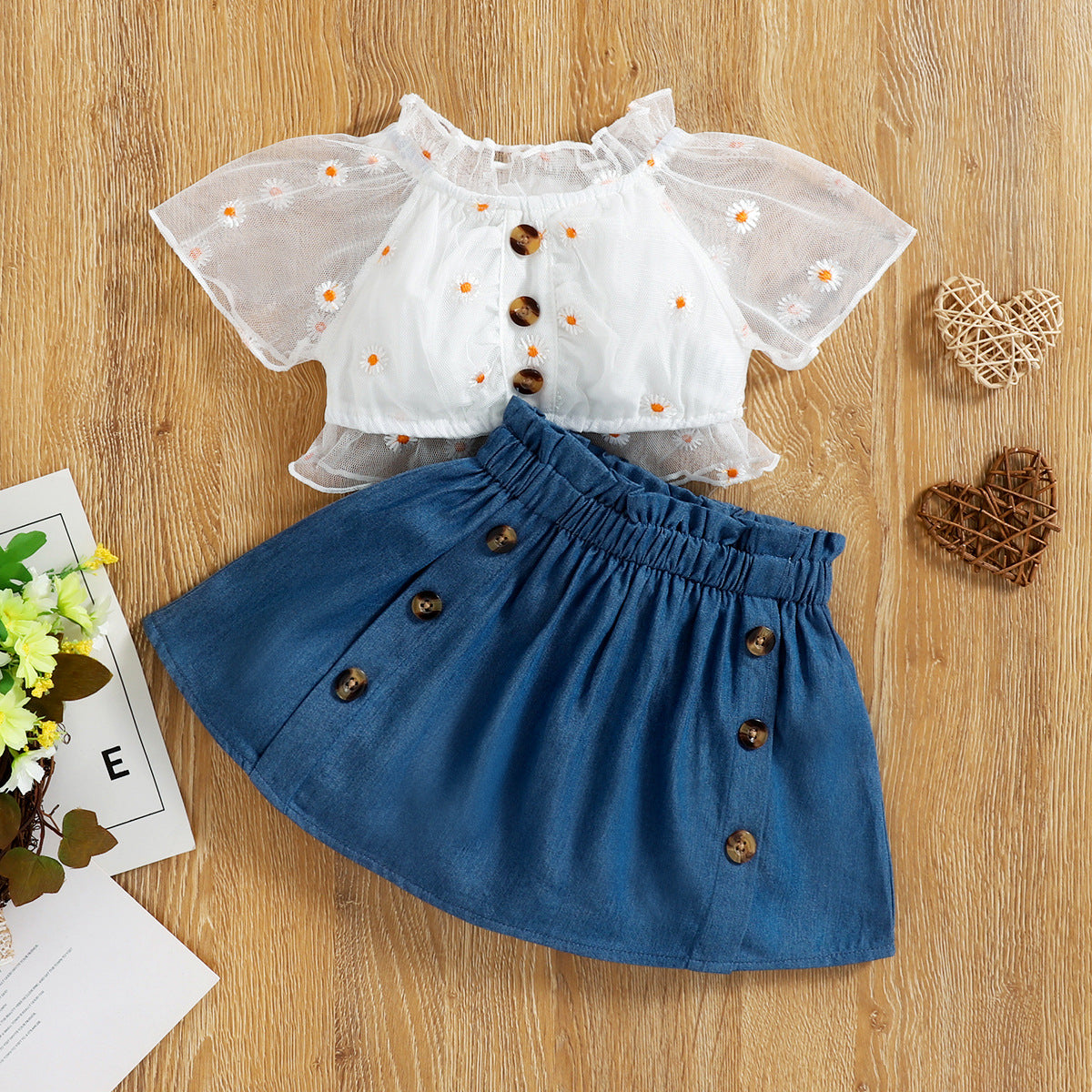 2 Pieces Set Baby Kid Girls Flower Embroidered Tops And Solid Color Skirts Wholesale 25070897