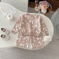 Load image into Gallery viewer, 2 Pieces Set Baby Kid Girls Solid Color Bow Sweaters And Pants Wholesale 25092235
