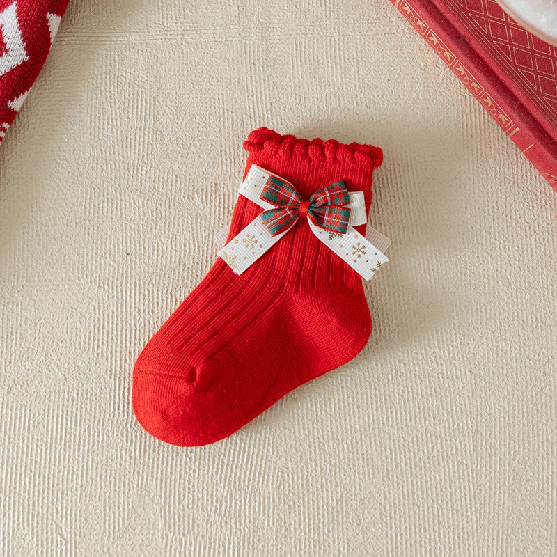Baby Kid Girls Boys Solid Color Bow Christmas Accessories Socks Wholesale 25101509