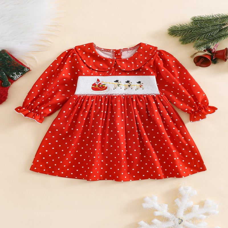 Baby Kid Girls Polka dots Cartoon Embroidered Christmas Dresses Wholesale 25101510