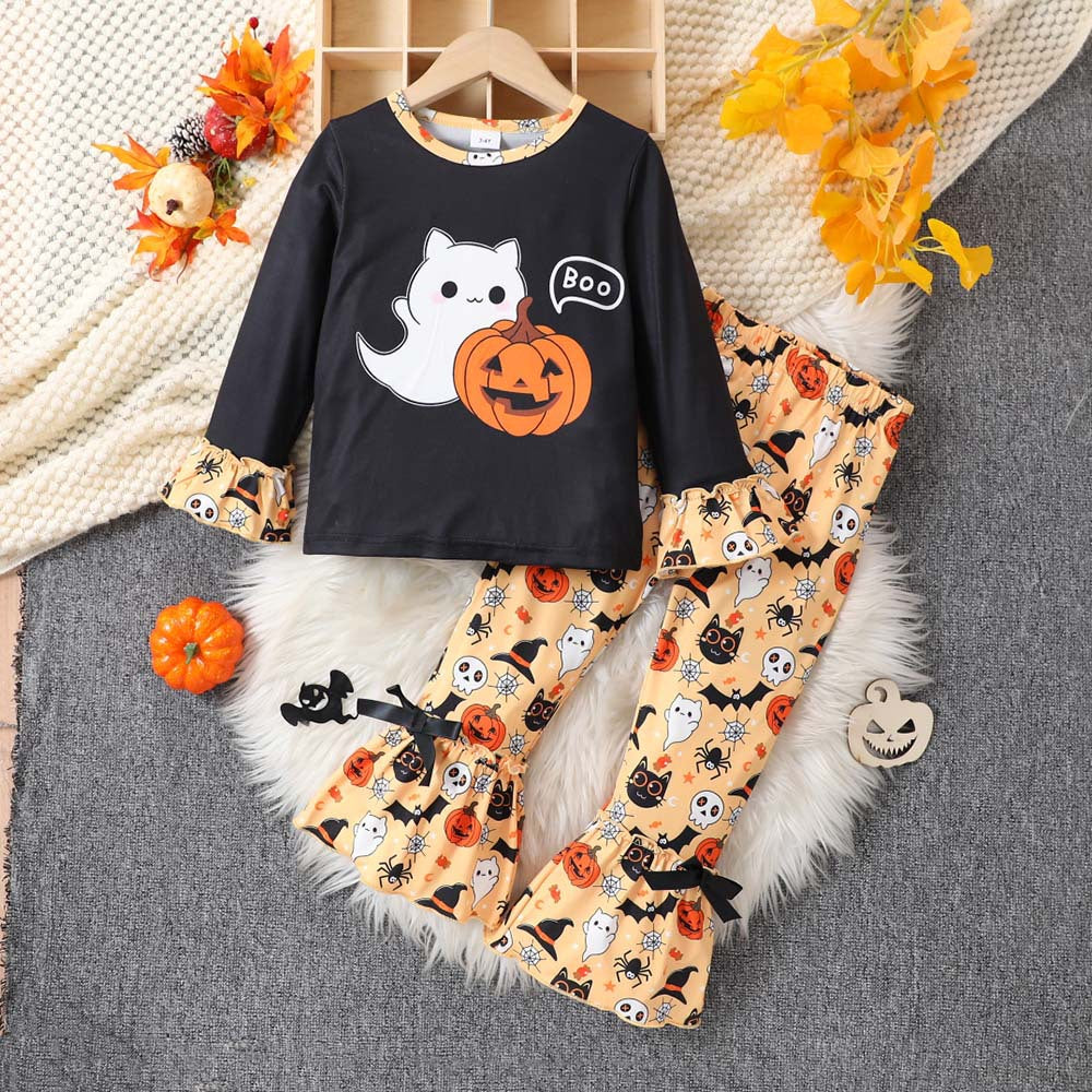 2 Pieces Set Baby Kid Girls Halloween Letters Tops And Polka dots Pants Wholesale 25101524