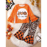 Load image into Gallery viewer, 2 Pieces Set Baby Kid Girls Halloween Letters Tops Leopard And Checked Pants Wholesale 25101533
