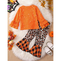 Load image into Gallery viewer, 2 Pieces Set Baby Kid Girls Halloween Letters Tops Leopard And Checked Pants Wholesale 25101533
