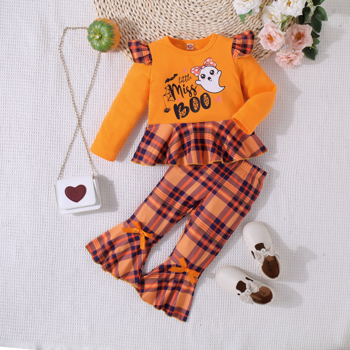 2 Pieces Set Baby Kid Girls Halloween Letters Tops And Checked Pants Wholesale 25101534