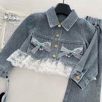 Load image into Gallery viewer, 2 Pieces Set Baby Kid Girls Solid Color Bow Jackets Outwears And Pants Wholesale 26012702
