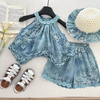 Load image into Gallery viewer, 2 Pieces Set Baby Kid Girls Solid Color Embroidered Tank Tops And Shorts Wholesale 26012707
