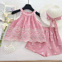 Load image into Gallery viewer, 2 Pieces Set Baby Kid Girls Solid Color Embroidered Tank Tops And Shorts Wholesale 26020308
