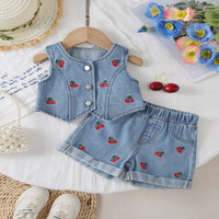 Load image into Gallery viewer, 2 Pieces Set Baby Kid Girls Solid Color Fruit Embroidered Tank Tops And Shorts Wholesale 26040206
