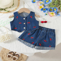 Load image into Gallery viewer, 2 Pieces Set Baby Kid Girls Solid Color Fruit Embroidered Tank Tops And Shorts Wholesale 26040206
