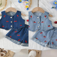 Load image into Gallery viewer, 2 Pieces Set Baby Kid Girls Solid Color Fruit Embroidered Tank Tops And Shorts Wholesale 26040206
