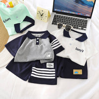 Load image into Gallery viewer, 2 Pieces Set Baby Kid Boys Sports Striped Letters Polo Shirts And Solid Color Shorts Wholesale 26040211
