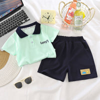 Load image into Gallery viewer, 2 Pieces Set Baby Kid Boys Sports Striped Letters Polo Shirts And Solid Color Shorts Wholesale 26040211
