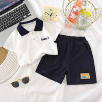 Load image into Gallery viewer, 2 Pieces Set Baby Kid Boys Sports Striped Letters Polo Shirts And Solid Color Shorts Wholesale 26040211
