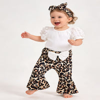 Load image into Gallery viewer, 3 Pieces Set Baby Kid Girls Solid Color Tops Leopard Bow Pants And Headwear Wholesale 26040213
