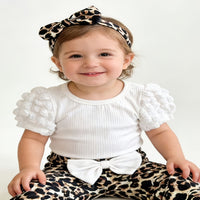 Load image into Gallery viewer, 3 Pieces Set Baby Kid Girls Solid Color Tops Leopard Bow Pants And Headwear Wholesale 26040213
