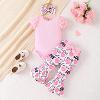 Load image into Gallery viewer, 3 Pieces Set Baby Kid Girls Solid Color Rompers Letters Love heart Pants And Headwear Wholesale 26040219
