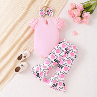 Load image into Gallery viewer, 3 Pieces Set Baby Kid Girls Solid Color Rompers Letters Love heart Pants And Headwear Wholesale 26040219
