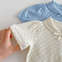 Load image into Gallery viewer, 2 Pieces Set Baby Kid Girls Hollow Cutout Knit Peter Pan Collar Bow Top And Bloomer Shorts Wholesale 26051109
