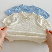 Load image into Gallery viewer, 2 Pieces Set Baby Kid Girls Hollow Cutout Knit Peter Pan Collar Bow Top And Bloomer Shorts Wholesale 26051109

