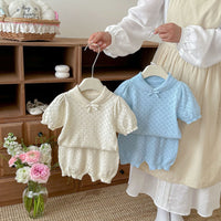 Load image into Gallery viewer, 2 Pieces Set Baby Kid Girls Hollow Cutout Knit Peter Pan Collar Bow Top And Bloomer Shorts Wholesale 26051109
