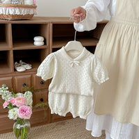 Load image into Gallery viewer, 2 Pieces Set Baby Kid Girls Hollow Cutout Knit Peter Pan Collar Bow Top And Bloomer Shorts Wholesale 26051109

