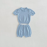 Load image into Gallery viewer, 2 Pieces Set Baby Kid Girls Hollow Cutout Knit Peter Pan Collar Bow Top And Bloomer Shorts Wholesale 26051109
