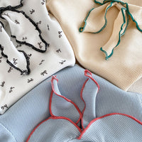 Load image into Gallery viewer, 2 Pieces Set Baby Kid Girls Peter Pan Collar Bow Ribbed Short Sleeve Top And Shorts Wholesale 26051110
