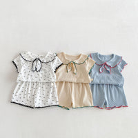Load image into Gallery viewer, 2 Pieces Set Baby Kid Girls Peter Pan Collar Bow Ribbed Short Sleeve Top And Shorts Wholesale 26051110
