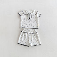 Load image into Gallery viewer, 2 Pieces Set Baby Kid Girls Peter Pan Collar Bow Ribbed Short Sleeve Top And Shorts Wholesale 26051110
