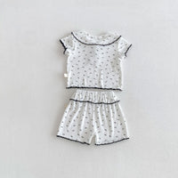 Load image into Gallery viewer, 2 Pieces Set Baby Kid Girls Peter Pan Collar Bow Ribbed Short Sleeve Top And Shorts Wholesale 26051110

