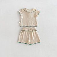 Load image into Gallery viewer, 2 Pieces Set Baby Kid Girls Peter Pan Collar Bow Ribbed Short Sleeve Top And Shorts Wholesale 26051110
