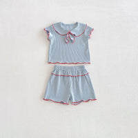 Load image into Gallery viewer, 2 Pieces Set Baby Kid Girls Peter Pan Collar Bow Ribbed Short Sleeve Top And Shorts Wholesale 26051110
