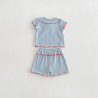 Load image into Gallery viewer, 2 Pieces Set Baby Kid Girls Peter Pan Collar Bow Ribbed Short Sleeve Top And Shorts Wholesale 26051110
