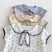 Load image into Gallery viewer, 2 Pieces Set Baby Kid Girls Peter Pan Collar Bow Ribbed Short Sleeve Top And Shorts Wholesale 26051110
