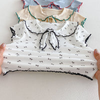 Load image into Gallery viewer, 2 Pieces Set Baby Kid Girls Peter Pan Collar Bow Ribbed Short Sleeve Top And Shorts Wholesale 26051110
