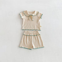 Load image into Gallery viewer, 2 Pieces Set Baby Kid Girls Peter Pan Collar Bow Ribbed Short Sleeve Top And Shorts Wholesale 26051110
