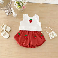 Load image into Gallery viewer, 2 Pieces Set Baby Kid Girls Strawberry Embroidery Lace Trim Tank Top And Balloon Shorts Wholesale 26051114
