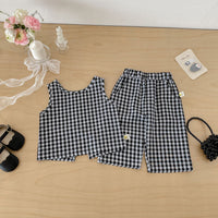 Load image into Gallery viewer, 2 Pieces Set Baby Kid girls Black White Gingham Ruffle Sleeveless Top And Wide Leg Cropped Pants Wholesale 26051119
