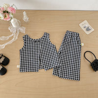 Load image into Gallery viewer, 2 Pieces Set Baby Kid girls Black White Gingham Ruffle Sleeveless Top And Wide Leg Cropped Pants Wholesale 26051119
