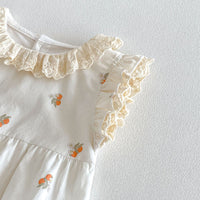 Load image into Gallery viewer, Baby Girls Lace Ruffle Sleeveless Rompers, Cute Orange Fruit Print Summer Bodysuit Wholesale 26051126

