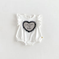 Load image into Gallery viewer, Baby Girls Sweet Lace Love Heart Letter Embroidered Ruffle Sleeve Rompers Wholesale 26051127
