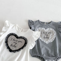 Load image into Gallery viewer, Baby Girls Sweet Lace Love Heart Letter Embroidered Ruffle Sleeve Rompers Wholesale 26051127
