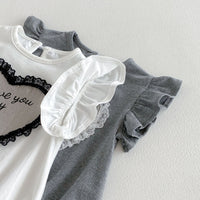 Load image into Gallery viewer, Baby Girls Sweet Lace Love Heart Letter Embroidered Ruffle Sleeve Rompers Wholesale 26051127
