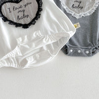 Load image into Gallery viewer, Baby Girls Sweet Lace Love Heart Letter Embroidered Ruffle Sleeve Rompers Wholesale 26051127
