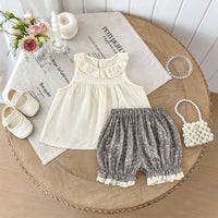 Load image into Gallery viewer, 2 Pieces Set Baby Kid Girls Solid Color Print Tank Tops And Flower Shorts Wholesale 26061728
